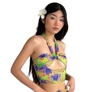 I AM‎ GIA Green Hawaiian Floral Print Halter Neck Cut Out Isabella Top Size XS